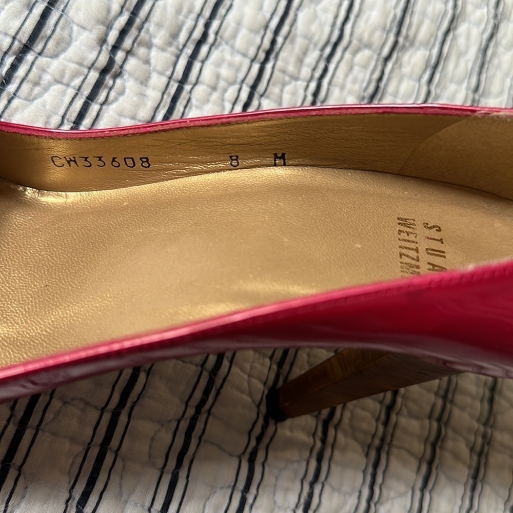 😊Stuart Weitzman Womens Metallic Pink Patent Leather Open Toe Pumps size… - Picture 14 of 16